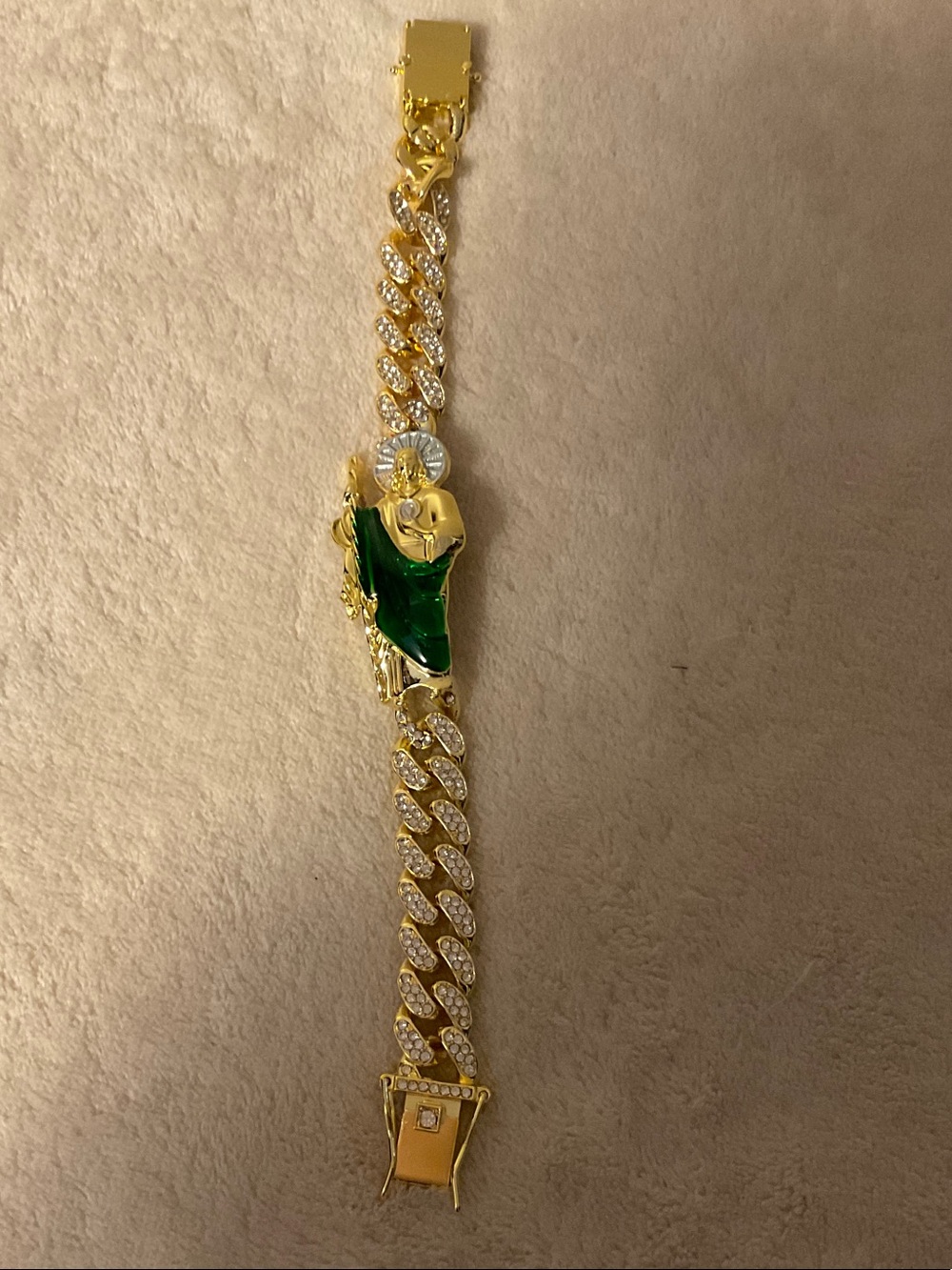 Gold-Tone Cuban Link Bracelet with Green Saint Pendant
